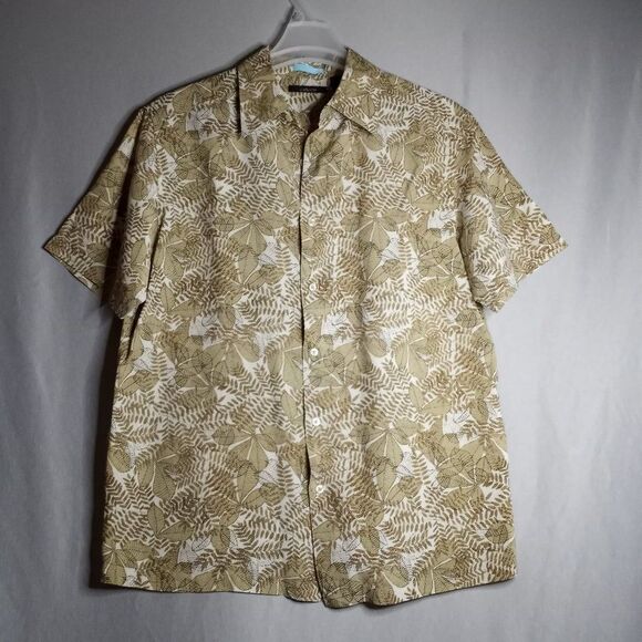 Claiborne Modern Fit Silk/Linen Tan Floral Short Sleeve Men's Button Shirt Size - Picture 1 of 6